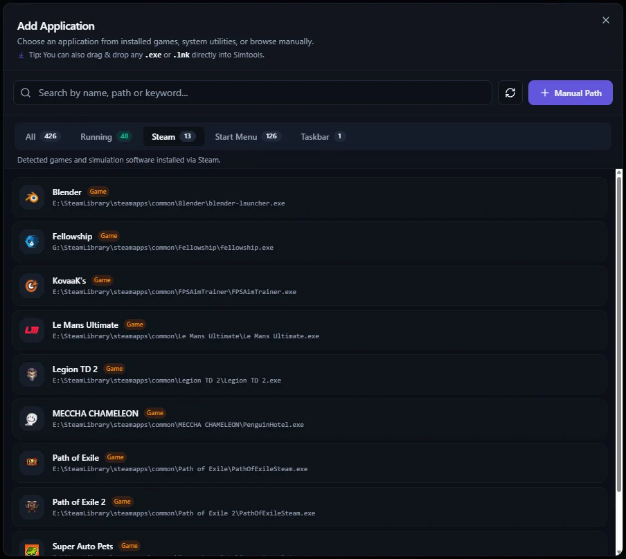 Add Application: apps detected from Steam, the Start Menu, the taskbar and running processes, with search and a Manual Path button