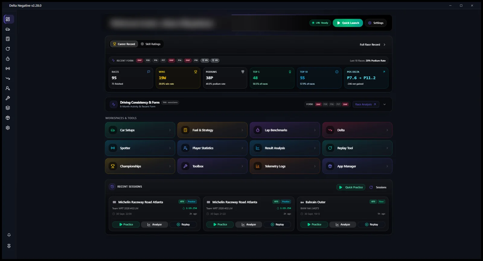 The dashboard: career record, recent form, recent sessions and every tool one click away