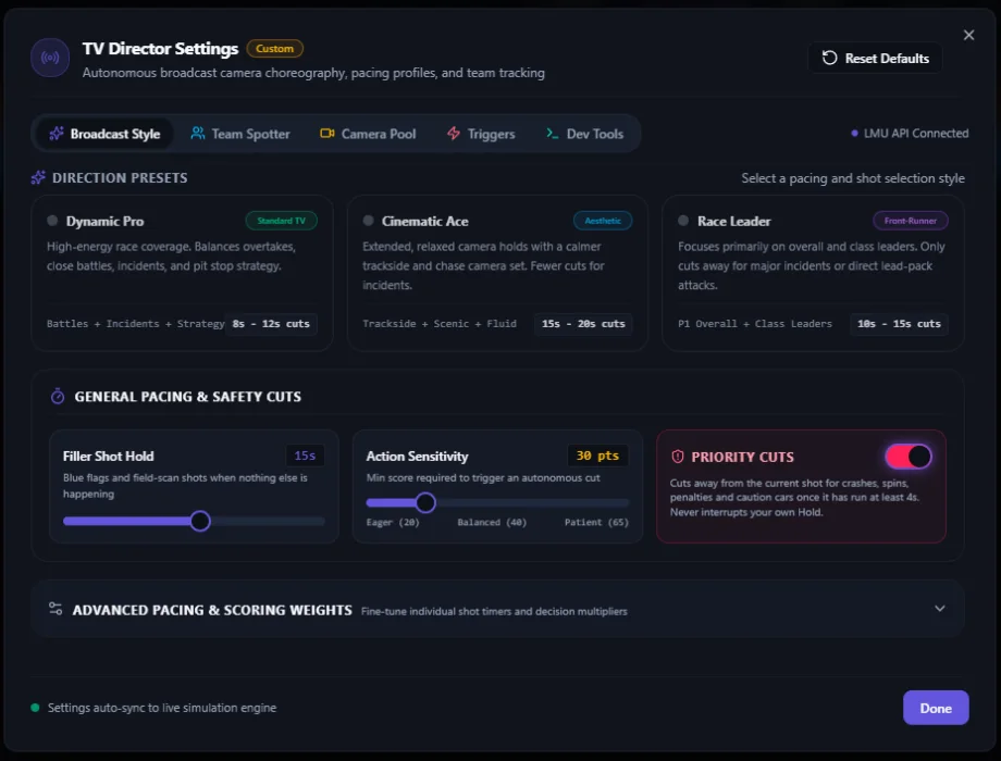 TV Director settings: three direction presets, filler shot hold, action sensitivity and priority cuts