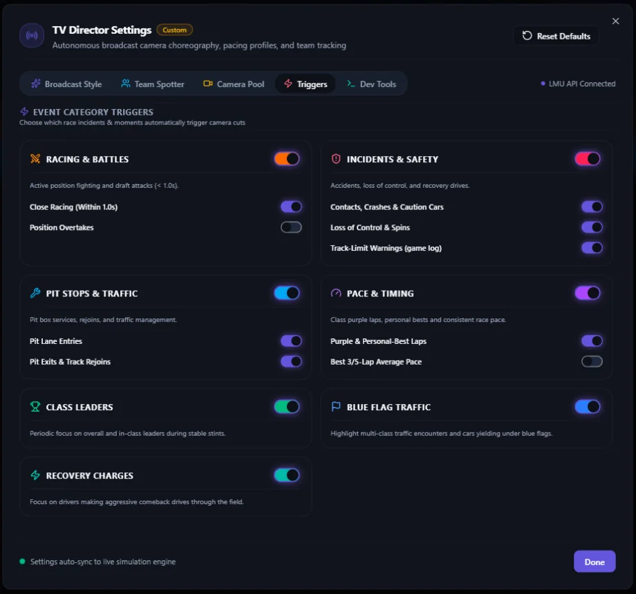 TV Director settings: switch each kind of event on or off as a reason to cut