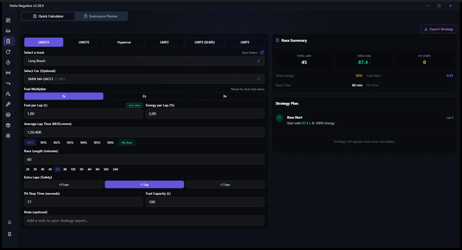Fuel calculator: a 60 minute race with the result and strategy plan