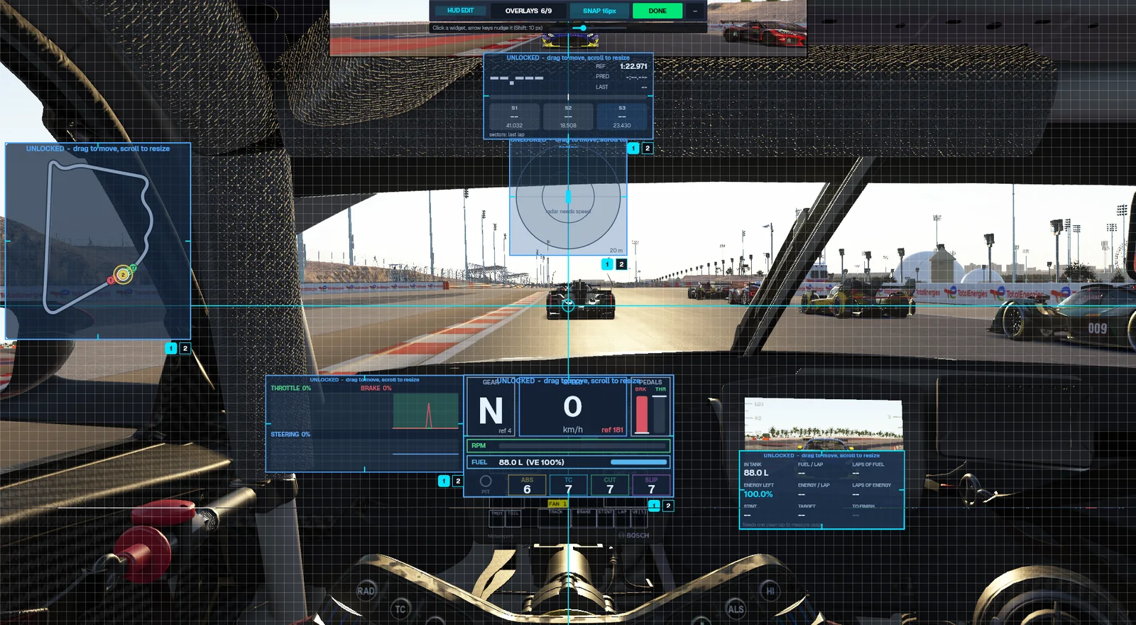 HUD edit mode: a grid over the game, with each widget outlined and ready to drag or resize