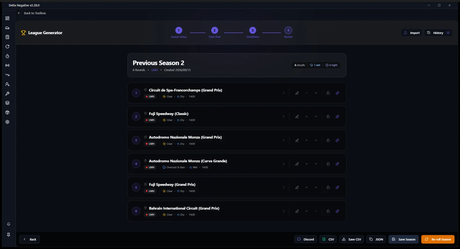 League Generator: a generated six-round calendar with conditions per round, ready to export
