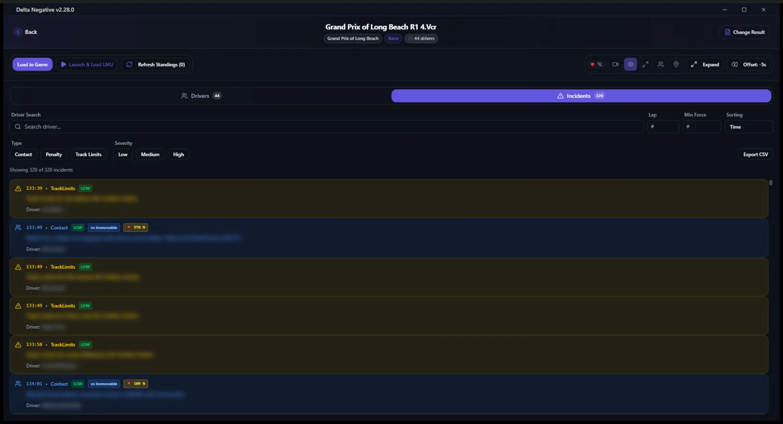 Replay control: 320 incidents with filters for type, severity, lap and force, ready to jump to